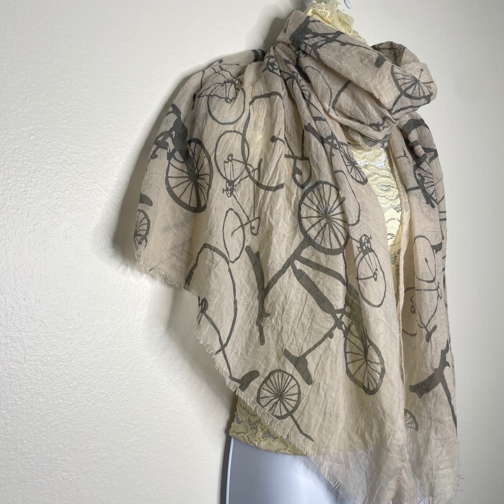Scarf Womens OS Bicycle Print Lightweight Frayed Edge Parisian
